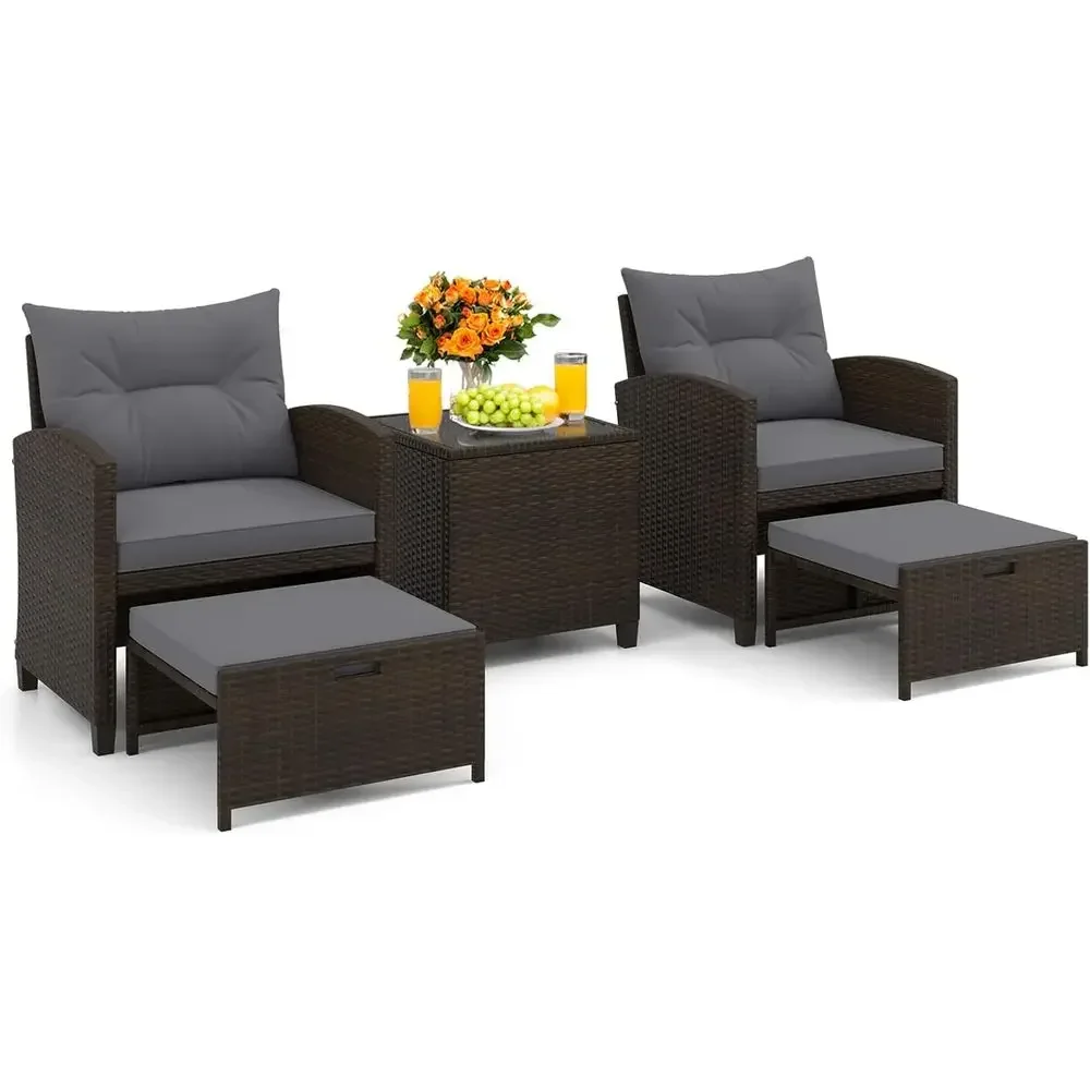 Rattan Lounge Set - 5 Parçalı Bahçe Mobilya Seti, Puf