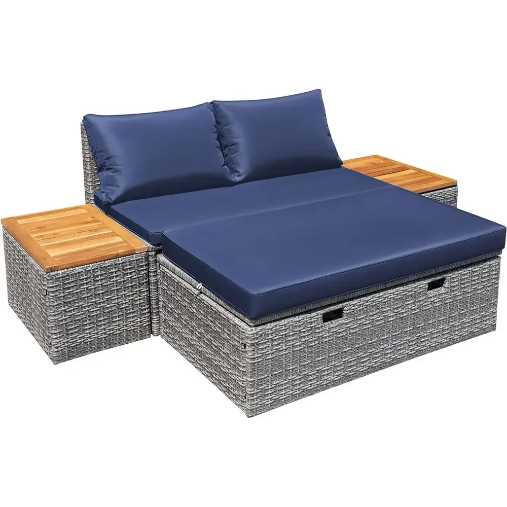 Rattan Lounge Set - Lacivert Açık Hava Veranda Şezlong Takımı,